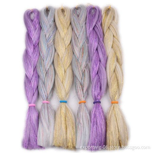 Jumbo Braiding Hair With Hair Tinsel Bling Synthetic Braid Hair Extension Mix Shining Tinsle 24 Inch Solid Color Black Blonde